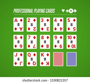 Juego de cartas profesionales de póquer (Diamantes) con código de barras (más fichas) Estilo de casino en línea - Vector aislado