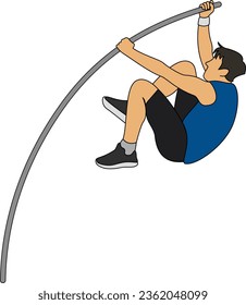 Professional pole vaulter training at the stadium. Pole Vault Jumping: Professional Male Athlete Running with Pole to Jump over Bar. Cartoon style illustration.