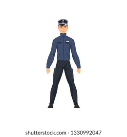Professional Policeman Character in Dark Blue Uniform and Cap Vector Illustration