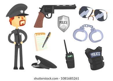 Professional Policeman And His Tools, Man And His Profession Attributes Set Of Isolated Cartoon Objects
