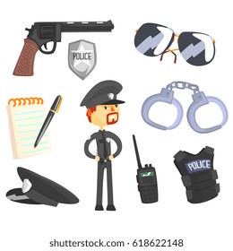 Professional Policeman And His Tools, Man And His Profession Attributes Set Of Isolated Cartoon Objects