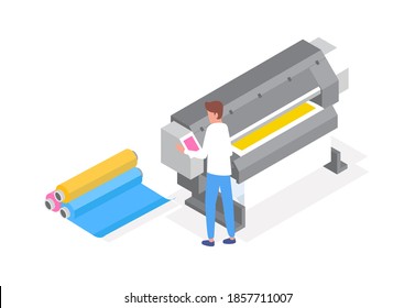 Professional polygraphy worker. Male character working with plotter. Printing house equipment for large format paper. Isometric illustration isolated on white background