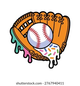 A professional pop art vector illustration featuring a baseball glove catching a ball, uniquely designed with creative melting icing and colorful sprinkles for a vibrant sports sticker or logo.