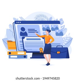 Professional portfolio scene. Woman presents her website with completed work projects, certificates. Career at company, freelance concept. Vector illustration of people characters in flat design