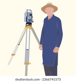 Retrato profesional de un Ingeniero de Cartografía Geodesia o Geomática, con Instrumento de Medición de Estación Total. Paquete de caracteres. Ilustración vectorial plana aislada en fondo blanco