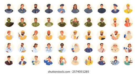 Professional portraits of people from different angles. Police and military, doctors and construction workers, waiters and drivers, pilots and stewardesses, laboratory workers and astronauts