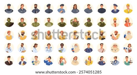 Professional portraits of people from different angles. Police and military, doctors and construction workers, waiters and drivers, pilots and stewardesses, laboratory workers and astronauts