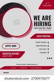 Modelo de cartaz profissional "Estamos contratando" com layout moderno limpo em vermelho, preto e cinza cores. Agrupar recrutamento de emprego, anúncio de RH, campanha de contratação, anúncio de carreira de negócios.