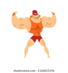 Professional powerful wrestler character showing his muscles, fighter of recreational sports show vector Illustration on a white background