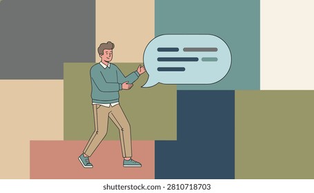 Professional presentation concept featuring a man explaining ideas with speech bubble on color block backdrop.