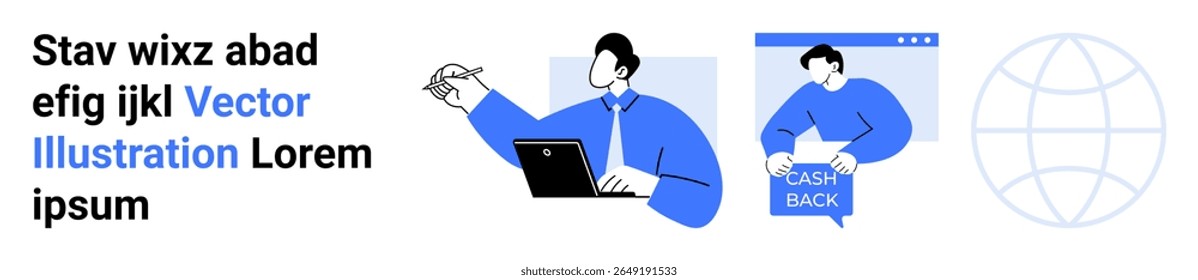 Professional presenting with laptop, person holding cashback sign, and globe icon. Ideal for business strategies, financial services, global marketing, online presentations, virtual meetings, web