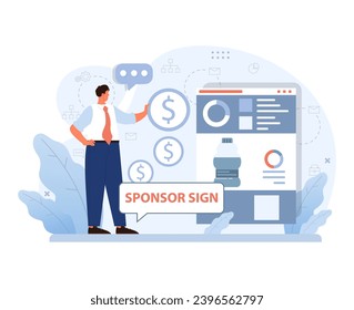 Professional presenting sponsorship opportunities on a digital interface. Money icons hover as he highlights the sponsor sign. Engaging presentation for potential backers. Flat vector illustration