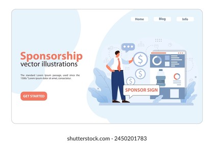 Professional presenting sponsorship opportunities on a digital interface. Money icons hover as he highlights the sponsor sign. Engaging presentation for potential backers. Flat vector illustration