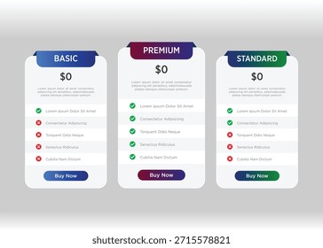 Professional pricing table infographic vector template for service comparison, product plans, subscriptions and marketing.