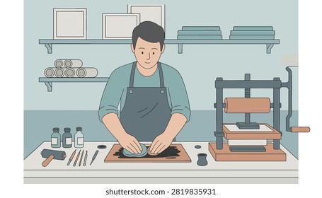 Professional printmaker operating a printing press in a creative art studio with tools and shelves.