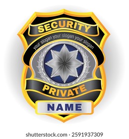 A professional private security badge with a golden and black shield design, featuring a silver star emblem in the center and customizable name and slogan fields.