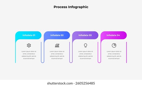 Professional process infographic template featuring four gradient sections with icons and placeholder text. Perfect for business, presentations, workflow, and professional data visualizations