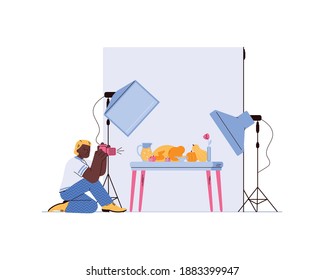 Professional product or magazine photographer making shoot of food, flat cartoon vector illustration. Product photo shooting for magazines and web sites.