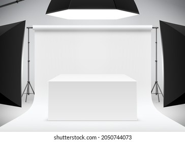 Professional product photo shooting scene realistic vector illustration. Photo studio setup with white rectangular table box, backdrop paper, and bright studio lights.