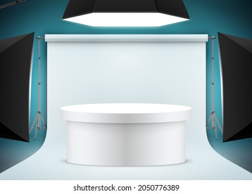 Professional product photo shooting scene with white oval table, backdrop paper, and bright studio lights. Photo studio setup realistic vector illustration.
