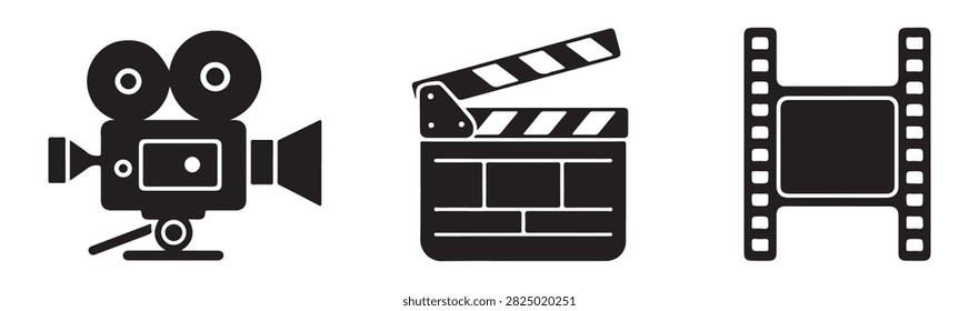 Professional production equipment set featuring analog camera clapperboard and single frame celluloid film strip.
