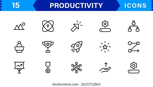 Professional Productivity Icon Set Vector Illustration. The Most Useful Icons for Time Management, Task Tracking, and Workplace Organization.