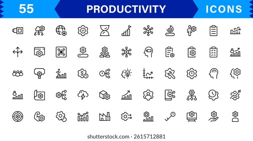 Professional Productivity Icon Set Vector Illustration. The Most Useful Icons for Time Management, Task Tracking, and Workplace Organization.