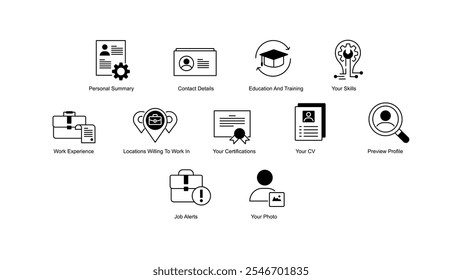 Ícones profissionais: Resumo pessoal, detalhes de contato, educação e treinamento, experiência profissional, locais dispostos a trabalhar, suas certificações, suas habilidades, alertas de emprego e muito mais.