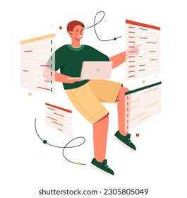 Professional programmer concept. Man with laptop writes code, develops programs and applications. IT specialist at workplace. Frontend and backend. Cartoon flat vector illustration