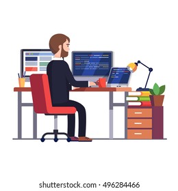 Professional programmer engineer working writing code at his big desk with multiple displays and laptop computer. Modern colorful flat style vector illustration isolated on white background.