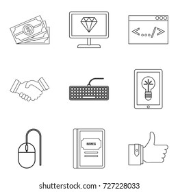 Professional programmer icons set. Outline set of 9 professional programmer vector icons for web isolated on white background