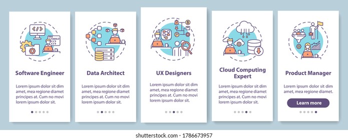 Professional programmer onboarding mobile app page screen with concepts. Work in IT department walkthrough 5 steps graphic instructions. UI vector template with RGB color illustrations