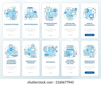 Professional programmer skills blue onboarding mobile app screen set. Walkthrough 5 steps graphic instructions pages with linear concepts. UI, UX, GUI template. Myriad Pro-Bold, Regular fonts used 
