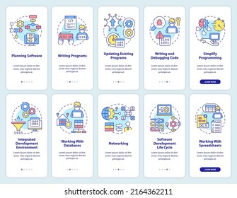 Professional programmer skills onboarding mobile app screen set. Walkthrough 5 steps graphic instructions pages with linear concepts. UI, UX, GUI template. Myriad Pro-Bold, Regular fonts used 
