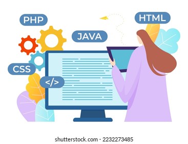 Carácter de programadora profesional, lenguaje de programación de software de desarrollo, ilustración vectorial plana, aislado en blanco.