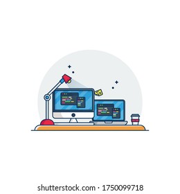 Professional Programmer Working Desk Setup Vector Flat Illustration with Opened Project on the Monitors. Simple Table with Multiple Display, Lamp, and Coffee Drinks. Perfect for Banner, Template, etc.