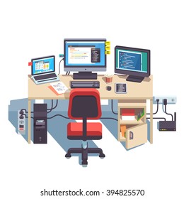 Professional programmer working desk setup with opened project on the monitors. Big table with multiple displays and laptop computer. Flat style color modern vector illustration.