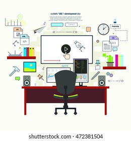 Professional programmer working desk setup with opened project on the monitors. Big table with multiple displays