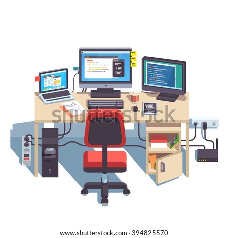Professional programmer working desk setup with opened project on the monitors. Big table with multiple displays and laptop computer. Flat style color modern vector illustration.
