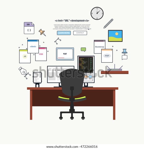 Vetor Stock De Professional Programmer Working Desk Setup Opened Desk Setup Opened