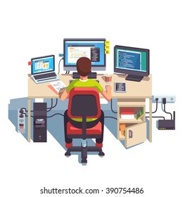 Professional programmer working writing code at his big desk with multiple displays and laptop computer. Flat style color modern vector illustration.