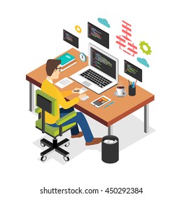 Professional Programmer Working Writing Code On Laptop Computer At Desk. Programmer Developer Workplace. Flat 3d Isometric Technology Concept.