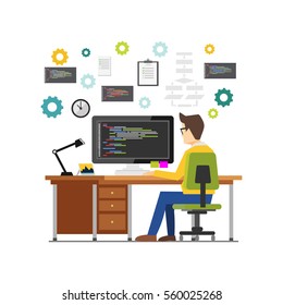 Professional programmer working writing code on computer at desk. Programmer developer workplace concept illustration for web banner, web web element, of infographics
