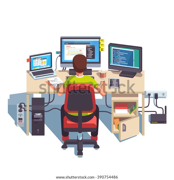 Professional programmer working writing\
code at his big desk with multiple displays and laptop computer.\
Flat style color modern vector\
illustration.