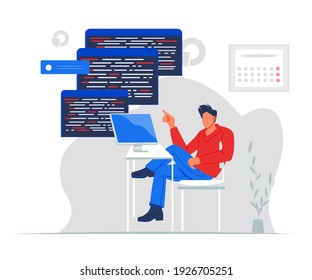 Professional programmer writing code for testing computer software, flat vector illustration isolated on white background. Man using computer for fixing bugs, coding and programing.