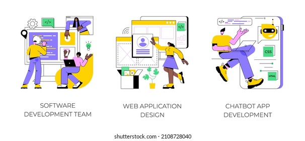 Professional Programming Abstract Concept Vector Illustration Set. Software Development Team, Web Application Design, Chatbot App, Remote Teamwork, Outsource Company, User Interface Abstract Metaphor.