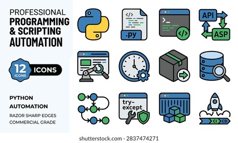 Professional Programming and Scripting Automation Icons Set Featuring Python and ASP