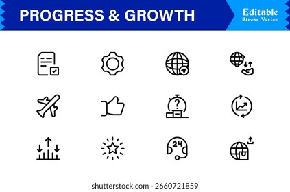 Conjunto de iconos de línea de progreso y crecimiento de Profesional, Colección de iconos vectoriales minimalistas modernos con conceptos de desarrollo empresarial, éxito y mejora para el Uso digital
