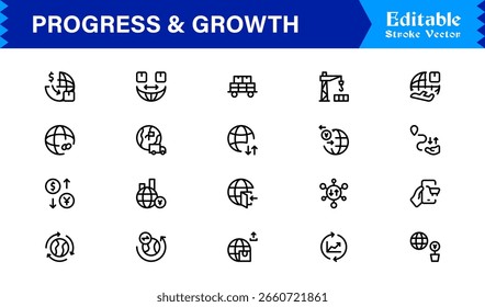 Conjunto de iconos de línea de progreso y crecimiento de Profesional, Colección de iconos vectoriales minimalistas modernos con conceptos de desarrollo empresarial, éxito y mejora para el Uso digital