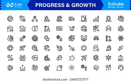 Professional Progress and Growth Line Icon Set, Modern Minimalist Vector Icons Collection Featuring Business Development, Success, and Improvement Concepts for Digital Use